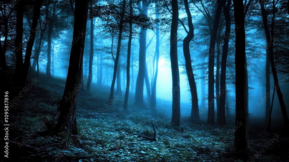 Fototapeta premium Eerie forest with thick mist and faint moonlight shining through the shadows of the trees