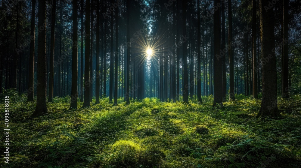 Obraz premium Enchanted forest at night with moonlight filtering through tall trees, creating a mystical glow