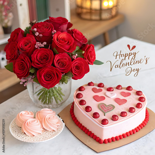 Love letter set on cake stand with balloons and gift boxes around. 3d scene design. Suitable for Valentine's Day and Mother's Day.
 photo