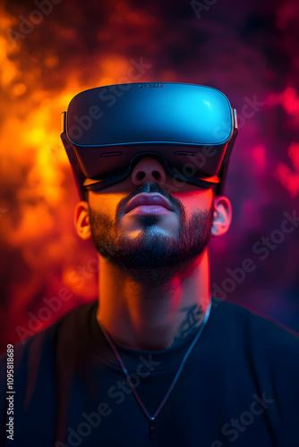 VR Headset User in Neon Lig...