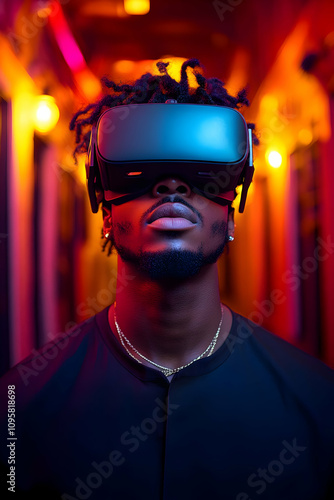 VR Headset User in Neon Lig...