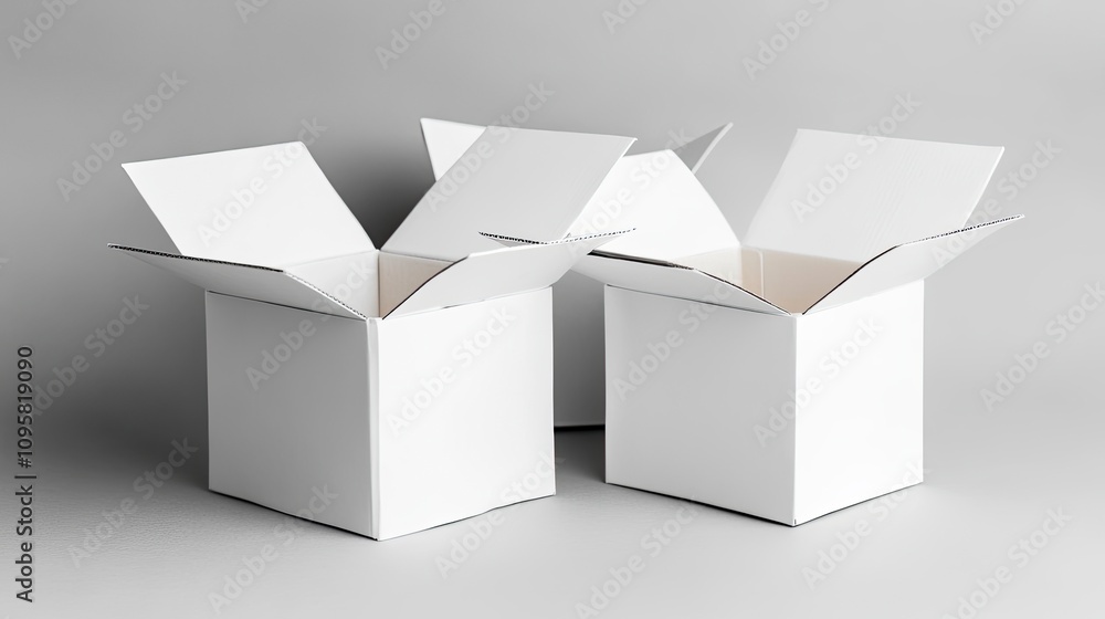 Minimalist white boxes with open flaps on a gray background Minimalist white boxes with open flaps on a gray background