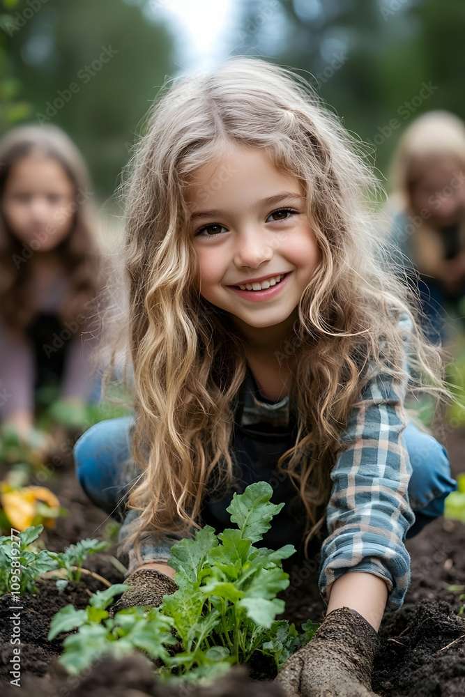 Girl Planting Seedlings in Garden - Realistic Photo Girl Planting Seedlings in Garden - Realistic Photo