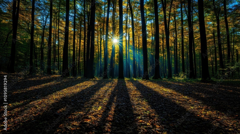 Fototapeta premium Moonlight shining through the forest canopy, creating dramatic shadows on the ground