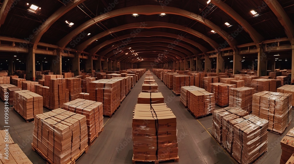 Panoramic view of a large distribution warehouse with organized rows of cardboard boxes wooden crates and other packaging materials stored on metal shelving racks Panoramic view of a large distribution warehouse with organized rows of cardboard boxes wooden crates and other packaging materials stored on metal shelving racks