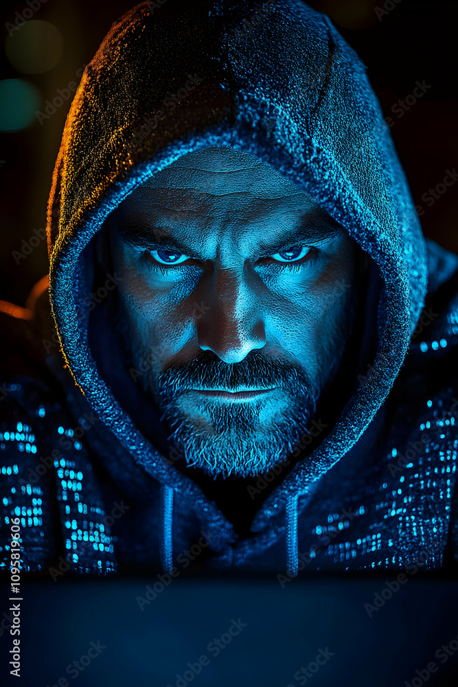 Intense Hooded Man, Realistic Portrait Intense Hooded Man, Realistic Portrait