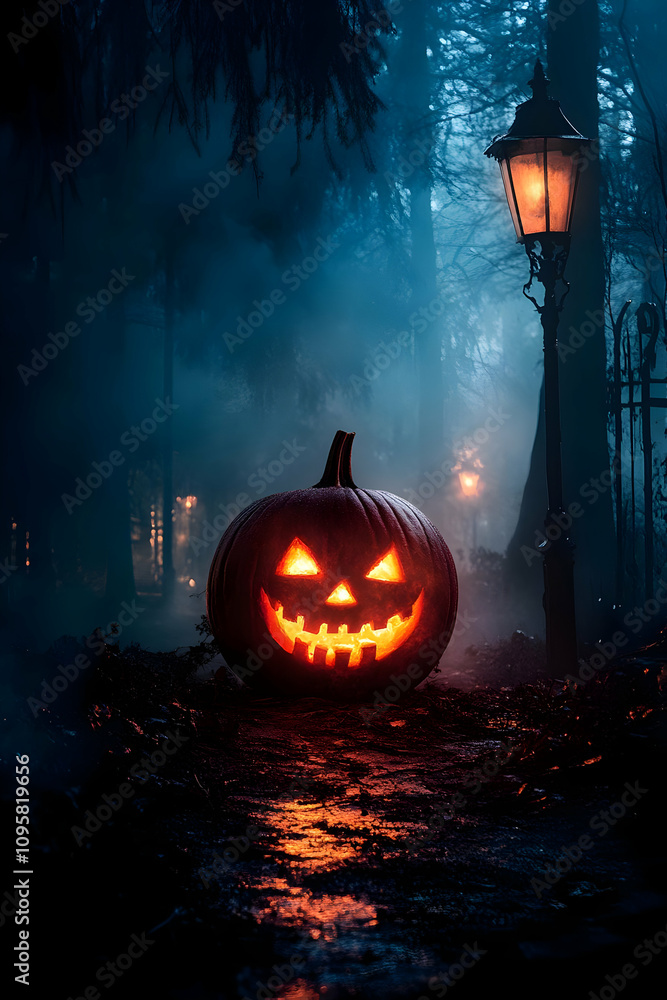 Naklejka premium Spooky Halloween Jack-o'-lantern Illustration