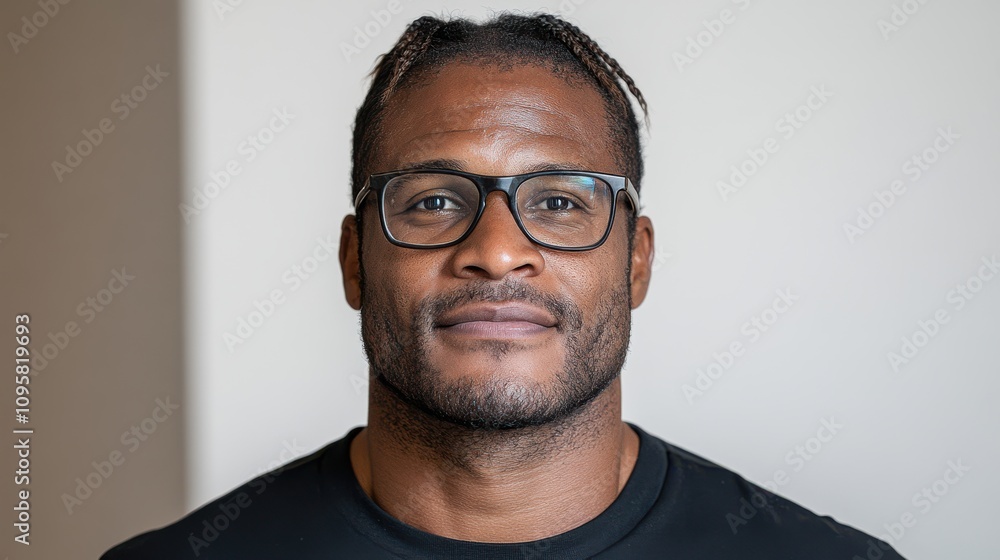 Confident man with glasses smiles warmly, exuding charisma and success against a minimalistic backdrop. Confident man with glasses smiles warmly, exuding charisma and success against a minimalistic backdrop.
