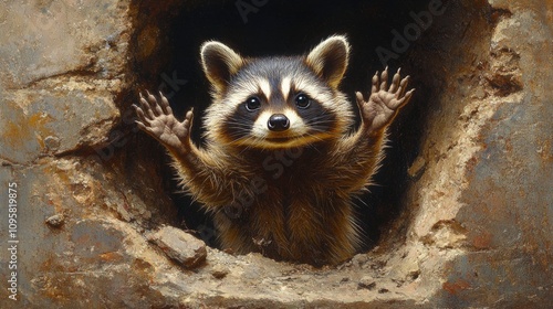 Adorable raccoon peeking out from a hole in a wall photo