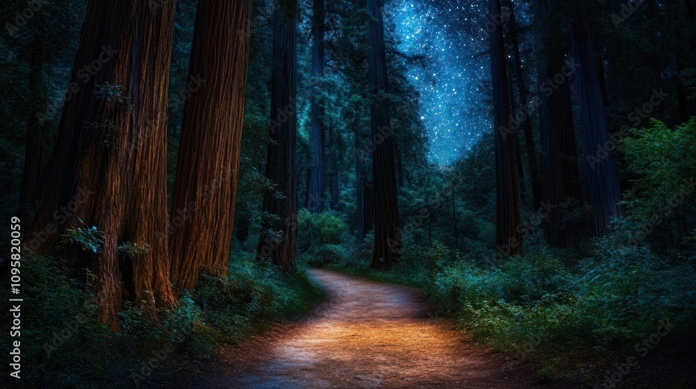 Fototapeta premium Mysterious forest path lit faintly by starlight, surrounded by tall, dark trees