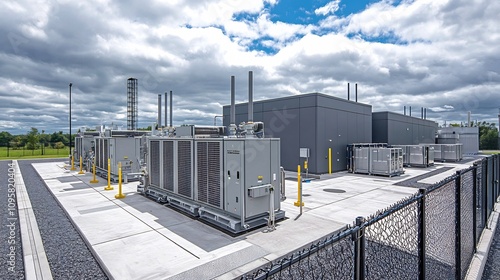 Smart grid power facility featuring renewable energy sources like solar panels and wind turbines as well as battery storage systems visible under a bright partly cloudy sky  Sustainable photo