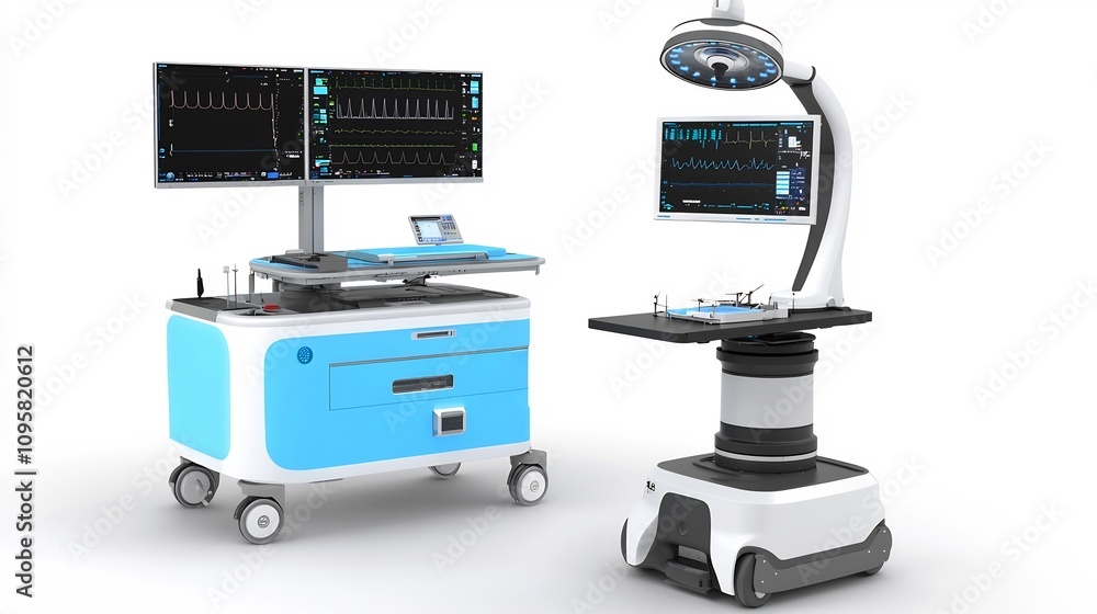 Sophisticated AI powered robot providing precise assistance to a surgeon during a medical procedure in a high tech Sophisticated AI powered robot providing precise assistance to a surgeon during a medical procedure in a high tech