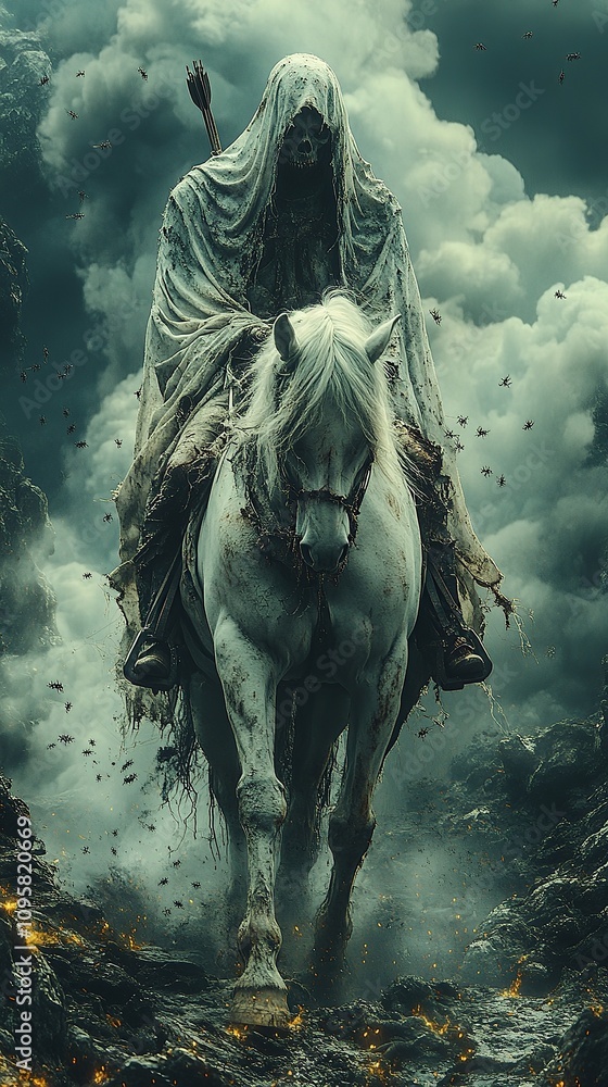 Naklejka premium A hooded figure rides a white horse through a dark and stormy sky.