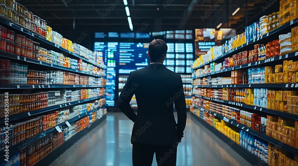 A man in a suit stands in a grocery aisle, contemplating products on the shelves. A man in a suit stands in a grocery aisle, contemplating products on the shelves.
