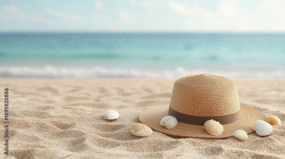 Beach hat on sand coastal serenity nature scene morning light relaxation Beach hat on sand coastal serenity nature scene morning light relaxation