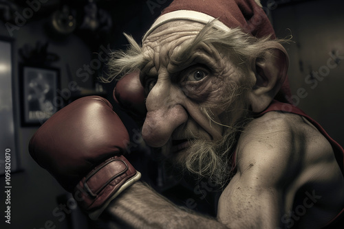 Elderly Man in Santa Hat Boxing  Unique Character Portrait With Gloves