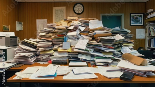 Overwhelming Pile of Unorganized Documents on a Desk photo