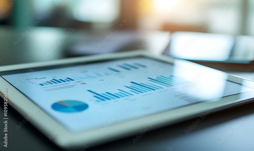 A tablet displaying data charts and graphs on a desk, suggesting analysis and business insights. A tablet displaying data charts and graphs on a desk, suggesting analysis and business insights.