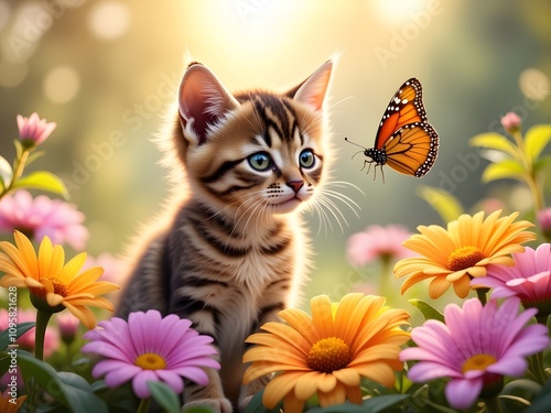 Kitten and Butterfly in Flower Garden