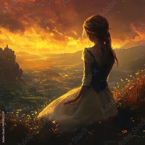 Enchanting sunset scene with a dreamy figure fantasy landscape visual art tranquil environment artistic perspective