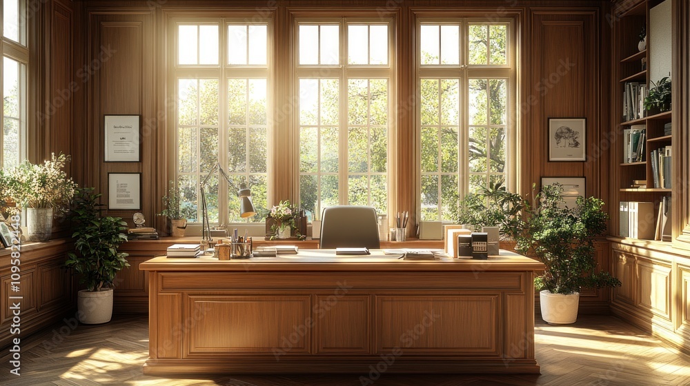 Sunlit Wooden Office with Large Windows Sunlit Wooden Office with Large Windows