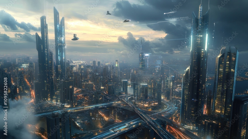 Fototapeta premium Futuristic cityscape at sunset with flying vehicles and dramatic clouds.