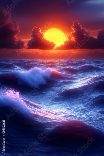 Ocean Sunset Waves Illustra...