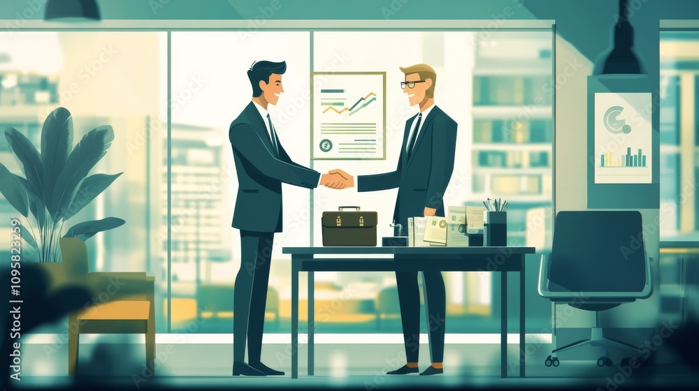 44.A businessman in a modern office, shaking hands with a bank manager after securing a business loan. On the table between them lies a loan contract, documents with graphs, and a briefcase filled 44.A businessman in a modern office, shaking hands with a bank manager after securing a business loan. On the table between them lies a loan contract, documents with graphs, and a briefcase filled