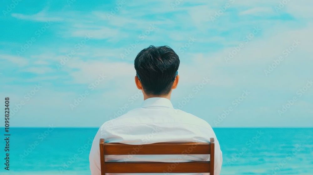 Fototapeta premium Contemplative man sitting on chair by ocean beach photography serene perspective