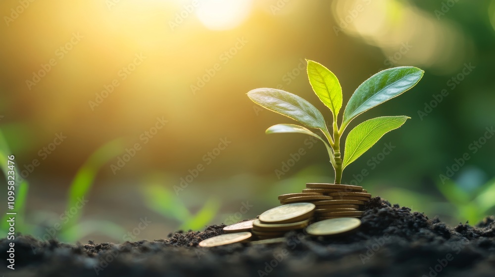 110.A delicate green plant sprouting from a stack of coins, the leaves catching soft sunlight against a neutral background. The combination of nature and money symbolizes the concept of financial 110.A delicate green plant sprouting from a stack of coins, the leaves catching soft sunlight against a neutral background. The combination of nature and money symbolizes the concept of financial