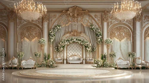 Royal luxury wedding stage, floral arrangements in white and green, gold chandeliers, plush seating 