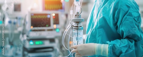 Close-up of anesthesiologist adjusting anesthesia machine, operating room in background, focus on advanced medical tech