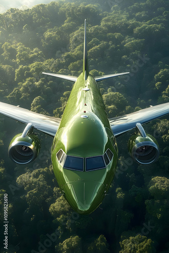Green Airplane over Lush Fo...