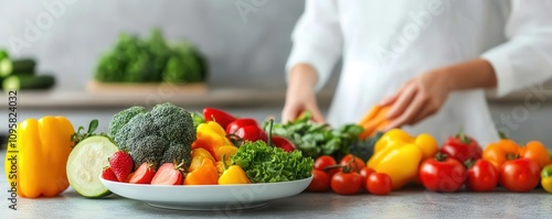 Dietitian helping patient make food choices, colorful fruits and vegetables on the table, focus on healthy living and nutrition