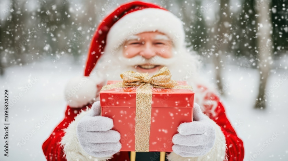 Cheerful Santa Claus Holding a Festive Red Christmas Gift Box in a Snowy Winter Wonderland Scene with Flurries Falling Around Him Cheerful Santa Claus Holding a Festive Red Christmas Gift Box in a Snowy Winter Wonderland Scene with Flurries Falling Around Him