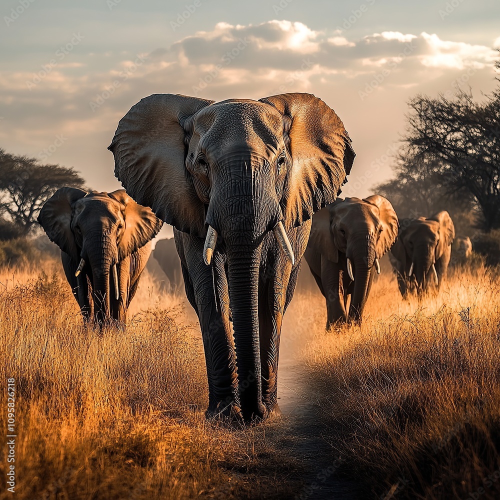 Fototapeta premium A herd of elephants walking in the savanna during golden hour.