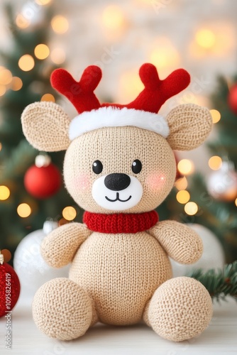 Adorable knitted reindeer toy for Christmas.