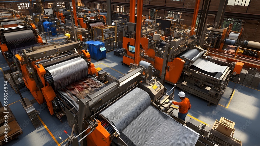 Fototapeta premium A factory floor with machines processing materials and workers managing operations.