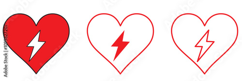 AED icon, automated external defibrillator, aed sign with heart and electricity symbol flat vector icon.