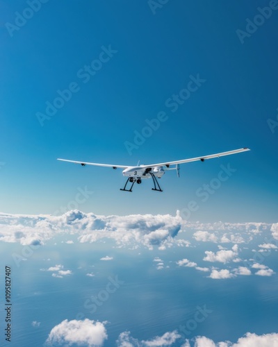 Drone in flight clear blue sky closeup image aerial environment minimalist perspective technology concept