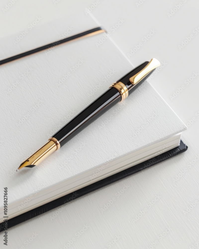 Minimalist closeup of a single pen on a crisp white notebook indoor workspace photographic content calm environment diagonal viewpoint for enhanced focus Minimalist closeup of a single pen on a crisp white notebook indoor workspace photographic content calm environment diagonal viewpoint for enhanced focus