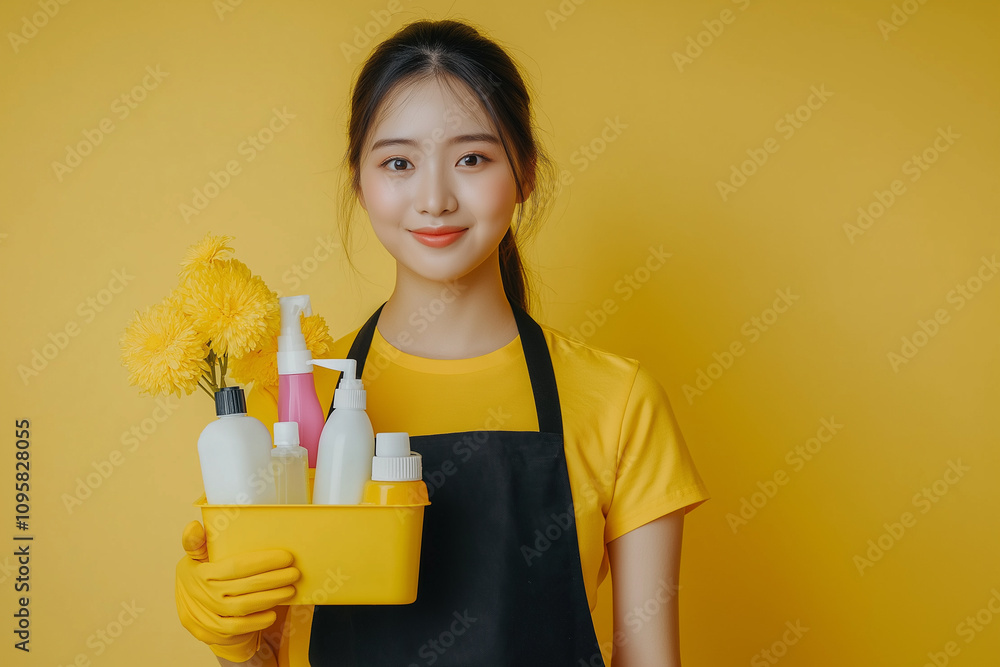 Chinese cleaning lady with a yellow t-shirt and black apron holding a caddy with cleaning products, she is wearing also yellow rubber gloves Chinese cleaning lady with a yellow t-shirt and black apron holding a caddy with cleaning products, she is wearing also yellow rubber gloves
