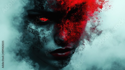 A woman's face is half in shadow and half engulfed in fire, with red eyes and a fierce expression. photo