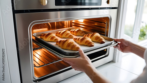 Close up, Homemade croissant in oven, for menu, bakery shop.