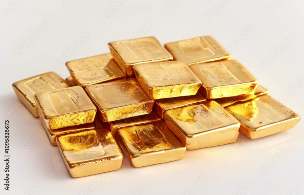 Stack of gold bars on white background. Financial economy banking concept. Glittering golden precious metal Stack of gold bars on white background. Financial economy banking concept. Glittering golden precious metal
