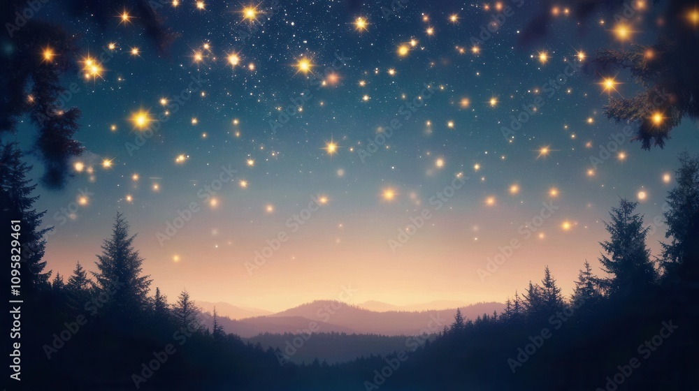 A serene twilight landscape with twinkling stars above silhouetted trees and distant mountains, evoking a peaceful, magical atmosphere. A serene twilight landscape with twinkling stars above silhouetted trees and distant mountains, evoking a peaceful, magical atmosphere.
