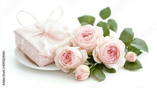 Romantic Gift Presentation with Soft Pink Roses and Decorative Present on White Plate for Special Occasions like Birthdays and Anniversaries