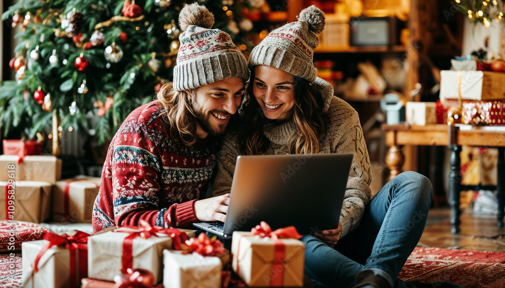 Naklejka premium A happy couple wearing winter sweaters and hats, browsing on a laptop amidst festive decorations and gifts, celebrating the cozy Christmas holiday spirit together at home.