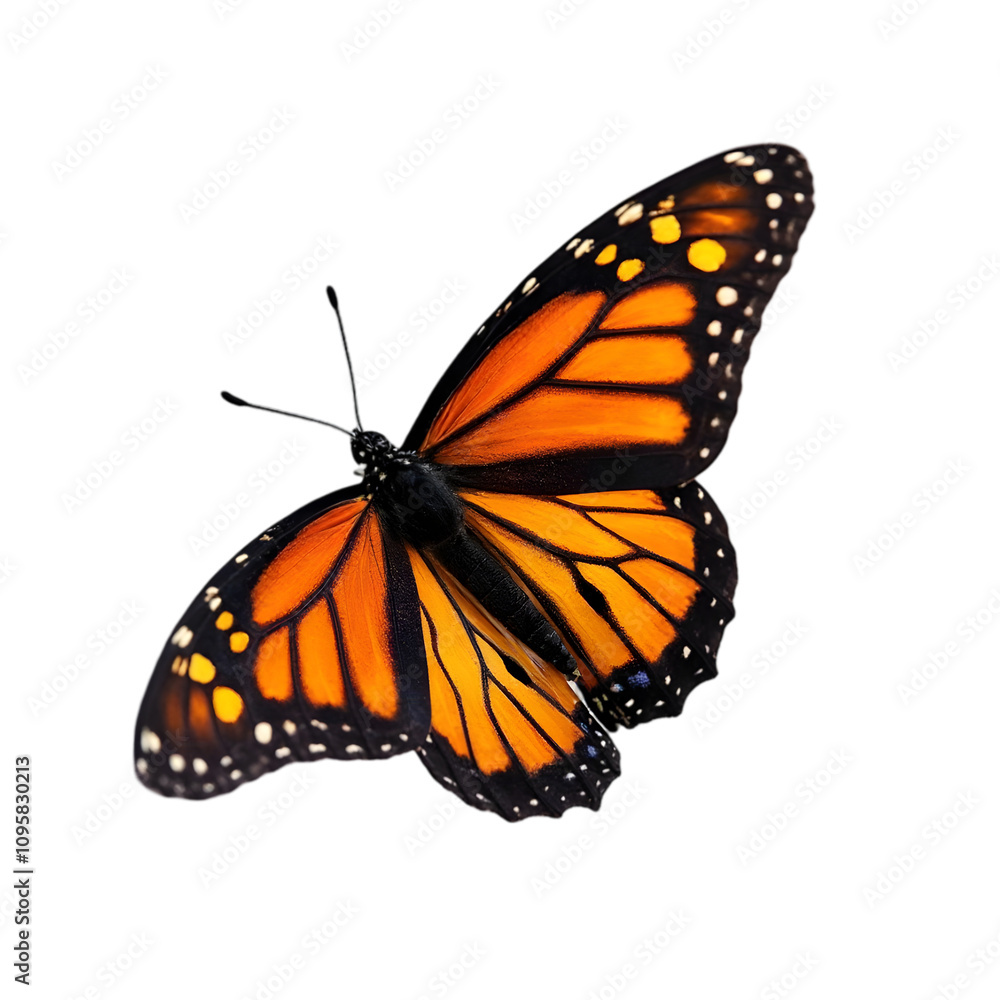Fototapeta premium Majestic Monarch Butterfly in Flight Vibrant Garden Setting Nature Photography Bright Colors Close-Up View Symbol of Transformation and Beauty