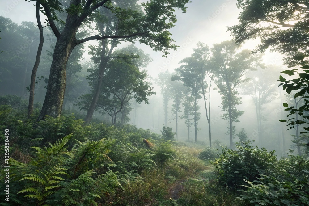 dense foliage sways in the foggy air, serene landscape, misty forest, overcast sky, eerie atmosphere dense foliage sways in the foggy air, serene landscape, misty forest, overcast sky, eerie atmosphere